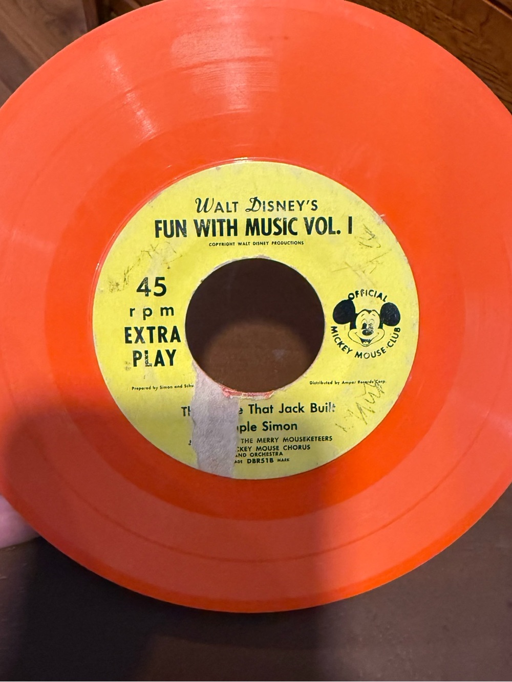 Vintage Walt Disney Fun With Music Vol. 1 Red 45 RPM Mickey Mouse Club Record